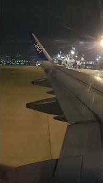 夜の伊丹空港に到着しスポットインする、ANA エアバス A321の機窓から