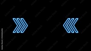 Blue arrow neon structure icon. right arrow. left arrow. High-tech neon sci-fi tunnel. Trendy neon light shape pattern and construction in mirror tunnel. Fly through the virtual world of technology.