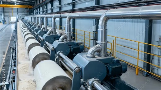 Multiple parallel decanter centrifuge lines depicted from a medium angle demonstrating largescale separation of starch and gluten with synchronized industrial operation.