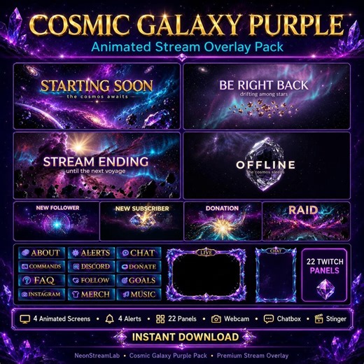 Cosmic Galaxy Purple Stream Overlay Pack Animated Twitch Youtube Kick Alerts Panels Webcam - Etsy