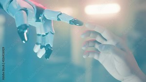 Robot hand touching human. AI (artificial intelligence) meets man. Rise of machine learning, robotics, science, looping animation