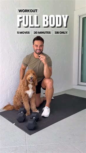Jordan Morello on Instagram: "Today’s full body workout! 💪🏼 Here’s a quick 20 minute workout you can do with a pair of dumbbells! Grab a workout partner and get it done together! 4 Rounds • 40 seconds on • 20 seconds off 😎 Tag your workout pawtner! 🐶👇🏼"