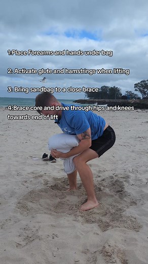 Atlas Stone- Sand bag addition . 1: Forearms and hand under sandbag for good grip! 2: activate glute and hams at start and during lift 3: bring Sand bag close to core, ensuring good biomechanics through for core bracing. 4: drive hips through towards end of lift. ***Atlas stone lifting technique is rather more intricate, sandbags are great to activate similar muscles and movement styles but there are differences.