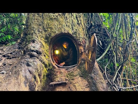 How I Chiseled A Big Tree To Make A Shelter For Survival | Solo Survival