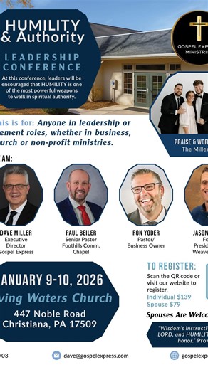 Would love to have you at the 2026 Humility & Authority leadership conference in Christiana, PA! January 9-10 Registration Link 👇🏼 https://www.gospelexpress.com/lc2026 Would love to see you there! | Gospel Express Evangelistic Team Ministry Inc.