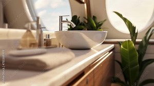 A soothing oasis at 40,000 feet, this private jet bathroom offers a stunning view of the sky as you freshen up with topoftheline amenities.