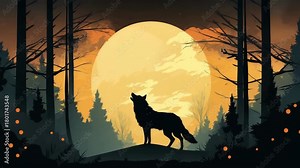 wolf silhouette in forest full moon at night illustrated animation