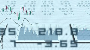 3-D Animation of a chart screen with curves, bar charts, candle charts and numbers - background light blue