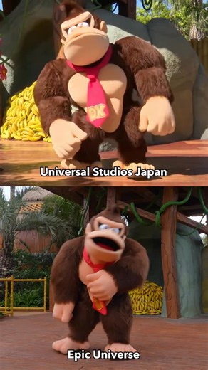 🍌 At Universal Studios Japan, Donkey Kong appears inside Super Nintendo World with a more classic, game-accurate look inspired directly by the modern Nintendo titles. His expressions, proportions, and movements closely match the version fans know from the games. Meanwhile, at Universal Epic Universe, the Donkey Kong you’ll meet in Super Nintendo World has a slightly updated design. His face shape, fur texture, and overall proportions are subtly adjusted to better translate the character into a 