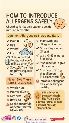 Starting solids soon? Here’s how to introduce allergens safely — without stress! Every mom needs this allergy-safe feeding guide 👶💛 SAVE this for your weaning journey!” ⸻ Introducing allergens can feel scary — but when done correctly, it’s safe, simple, and hugely beneficial for preventing future food allergies. Here’s your How to Introduce Allergens Safely Checklist for babies starting solids (around 6 months): ⸻ 🌾 Common Allergens to Introduce Early ✔ Peanut ✔ Egg ✔ Wheat ✔ Fish ✔ Milk (in 