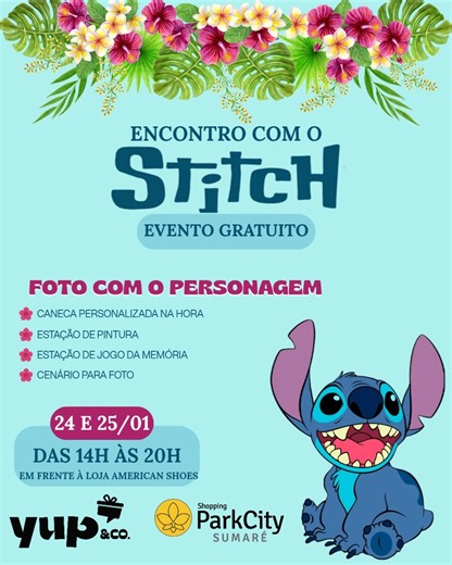 Shopping ParkCity Sumaré on Instagram: "Aloha! O alienígena mais fofo e queridinho da criançada vai retornar ao ParkCity Sumaré! 💙🛸 Prepare-se para muita diversão no Encontro com o Stitch, um evento repleto de jogos e brincadeiras que prometem encantar a todos! Nos dias 24 e 25 de janeiro, a garotada vai curtir uma experiência superanimada com atividades gratuitas: 🌸 Sessões de fotos com o personagem; 🌸 Estação de pintura; 🌸 Estação de jogo da memória; 🌸 Cenário instagramável e muito mais!