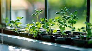 A mini herb garden on a windowsill providing the perfect opportunity for urban dwellers to grow their own fresh herbs and es.