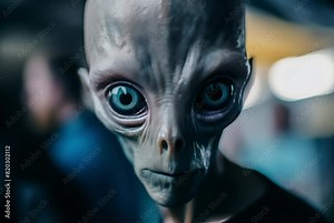 Close-up of an alien visitor with large, captivating eyes exuding an air of mystery and intelligence, set against a blurred background suggestive of a secretive encounter