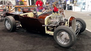 Check out this killer Model A roadster pickup built by Roosterz Rod Shop in Clearwater, Florida. The truck has a cool '60s look and features a Y block, Winters quick change rear end, and of course, a set of big-n-little Firestone bias ply tires. #cokertire #sema #firestone #hotrod #semashow | Coker Tire Company