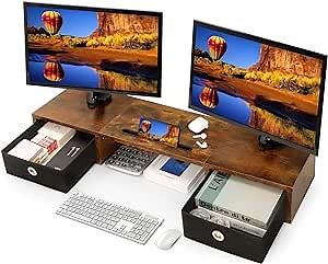 JMLHMXC Dual Monitor Stand with Two Drawers,Extra Large Storage Computer Monitors Stand for Office,Dual Monitor Riser for Printer,Laptop,Screen,TV