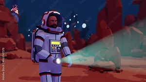 Astronaut with a flashlight walking on an alien planet. Spaceman in spacesuit. Front view. 3D animation, low-poly style