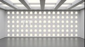 Abstract interior design 3D rendering of modern luxury showroom. Empty floor and white concrete wall background. Loop animation for product display.