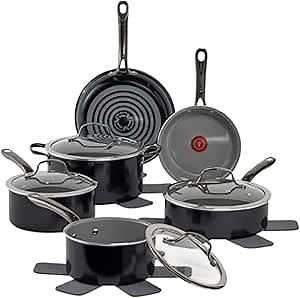 T-fal Preserve Ceramic, Non stick Cookware Set 13-Piece, Oven & Broiler Safe up to 350°F, Includes Stockpot, Saucepans, Frying Pans, Protectors, Pots and Pans, Black