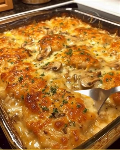 Chicken Gloria Casserole 🍄✨ Golden chicken baked in a creamy mushroom sauce, topped with melty Swiss cheese — rich, cozy, and irresistible! Ingredients 3 boneless skinless chicken breasts 8 oz mushrooms, sliced 6 slices Swiss or Muenster cheese ..... Recipe in First Coʍmеոτ 💬 | Timeless Details