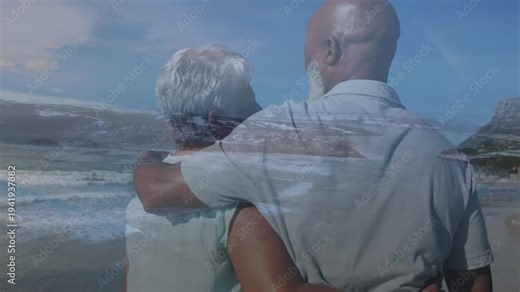 Man placing arm around woman's shoulders, couple walking shoreline with wave overlay for health