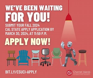 Mark your calendars!! 🗓 Next week is the deadline to apply to CSU Channel Islands for Fall 2024. ⏰ We are still open for all undergraduate non-impacted majors. The deadline is March 30, 2024, at 11:59 p.m. Get started today and apply! https://bit.ly/CSUCI-Apply. 🐬🐬 #futuredolphin #losangelescounty #sanfernandovalley #venturacounty #santabarbara The Admission team is also available to help with any questions. Email us at admissions@csuci.edu, call us at 805-437-8912, or text us at 805-819-5714