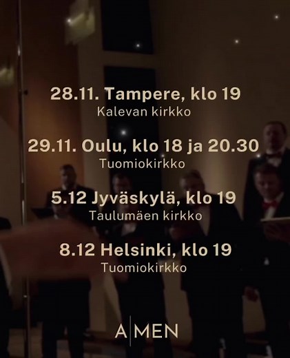 Lauluyhtye A-menin Tähden tie- konserttikiertue lähestyy kovaa vauhtia! Reilun viikon kuluttua 28.11. olemme Tampereella ja 29.11. Oulussa, ja siitä viikko eteenpäin vuorossa ovat 5.12. Jyväskylä ja 8.12. Helsinki. Vielä ehdit hankkia lipun osoitteesta https://a-men.fi/konsertti/ Toimi kuitenkin nopeasti! Jyväskylän ja Oulun klo 18:00 konsertteihin on enää muutamia kymmeniä lippuja jäljellä ⭐️🎶 #joulukonsertti #mieskuoro @tampere @oulu @jyväskylä @helsinki | Lauluyhtye A-Men