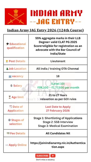 🇮🇳 Indian Army JAG Entry Scheme 2026 – Law Graduates Opportunity #jobtalks4u #shorts