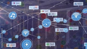 Animation of network of connections and social media icons over servers