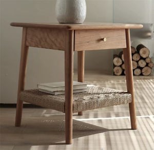 [Hot Item] Nordic Wooden Bedside Table with 1 Layer Natural Rope Shelf, Solid Oak, MDF with Oak Veneer MID-Century Nightstands