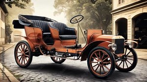 the gasoline-powered automobile, the Benz Patent-Motorwagen, built in 1886 by Karl Benz. The car is depicted in a vintage setting, such as a cobblestone street or a historic garage, with a back