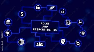Business Strategy Flowchart with Roles and Responsibilities Central Concept and Icons Keywords: flowchart, business, strategy, roles, responsibilities, concept, diagram, organization