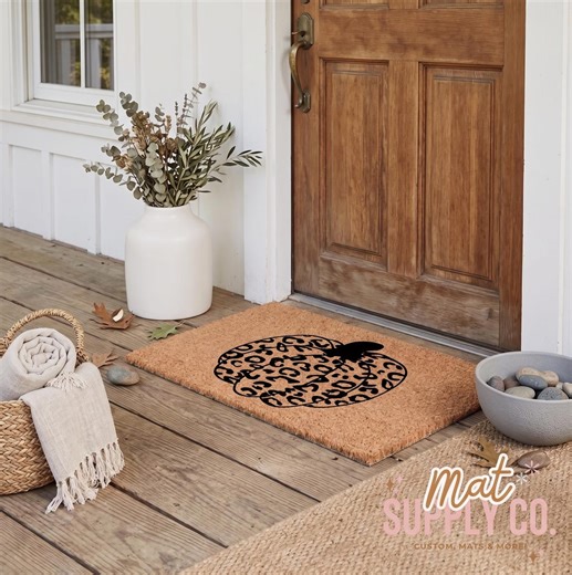 Chic Leopard Print Pumpkin Coir Welcome Mat for Modern Fall Front Porch - Etsy
