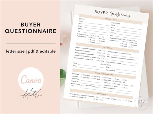 Real Estate Buyer Questionnaire, Client Lead Form (PDF & Editable) - Etsy