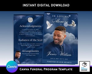 Navy Blue Canva Funeral Program Template – Elegant Bi-fold Brochure (11x8.5 In) With Blue Obituary - Etsy