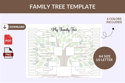 Printable Family Tree Chart: 6 Color Genealogy Template (PDF, PNG) - Etsy