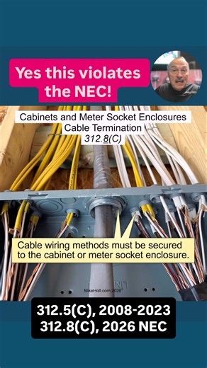 When terminating NM Cable (Romex) to a panelboard cabinet that is not surface-mounted, the NEC requires each cable to be secured to the cabinet with a listed fitting [334.2]. It's a common practice in some places in the US, particularly Arizona, to use a PVC connector to contain many NM Cables, in violation of 312.5(C) [before 2026 NEC], now 312.8(C) in the 2026 NEC. With the development of the Wire Waffle, a solution has been found to solve this problem. https://rack-a-tiers.com/product/wire-wa