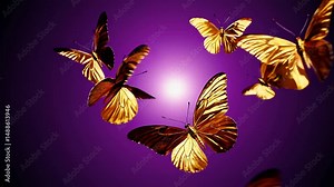A mesmerizing video of golden butterflies in flight against a purple backdrop, captured from a low-angle, highlighting their delicate wings. Live desktop wallpaper.
