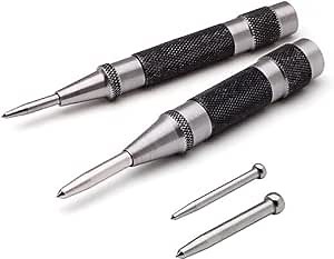 2 Pack Automatic Center Punch 5 inch&6 inch with Replaceable Tips Heavy Duty Spring Loaded Center Punch Adjustable Impact Centering Hole Punch Marker Scriber Tool for Metel,Wood,Glass,Plastics