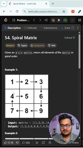 Leetcode 54 – Spiral Matrix Traversal #shorts #coding #leetcode