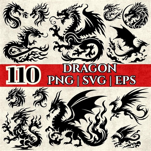 Dragon SVG PNG EPS Bundle | Tribal Dragon Silhouette Clipart for Cricut, Laser Cut, Tattoo Art, Fantasy Dragon Designs Pack - Etsy
