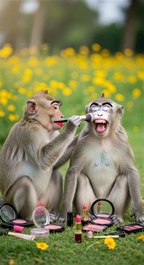 Monkeys doing makeup in the garden 😳💄🤣 Watch their hilarious transformation #funny #makeup #monkeys