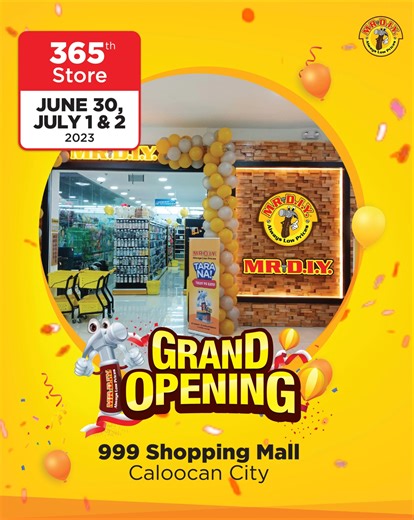 Calling all #MRDIY fans in Caloocan City! Join us at the GRAND OPENING of MR.DIY 999 Shopping Mall Caloocan on JUNE 30 to JULY 1 & 2, 2023. 📌: 999 Shopping Mall, General Luna St. cor Espina St., Brgy., 16, Caloocan City, Metro Manila ⏰: 9:00AM - 9:00PM 🗺: https://bit.ly/MRDIY-999Caloocan Shop with us and get a FREE MR.DIY Umbrella or Water Bottle with a minimum single receipt purchase worth P500. Per DTI Fair Trade Permit No. FTEB-167879 Series of 2023. #MRDIYPH #AlwaysLowPrices #GrandOpening 