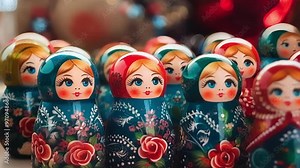 Traditional russian nesting dolls are lined up in a row with colorful christmas lights glowing in the background. The dolls are painted with intricate designs and are a popular souvenir for tourists