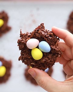 These no bake chocolate coconut nests are such an easy Easter treat only require three ingredients: shredded coconut, chocolate chips and candy eggs! Vegan and gluten-free.🥥🍫🐣 Recipe: https://www.eatingbirdfood.com/chocolate-coconut-nests/ | Eating Bird Food