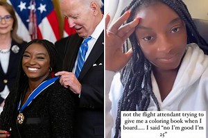 Flight attendant mistakes Simone Biles for a child, offers her a coloring book