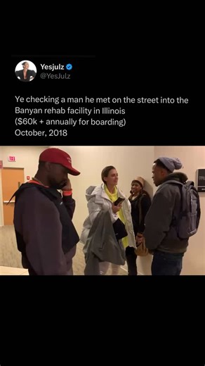 Rap News 💿 on Instagram: "YesJulz shares a video from 2018 of Ye checking a man he met on the streets into a rehab facility in Illinois that cost over $60k a year for boarding 🙏❤️ Respect 💯💯 - Via: @yesjulz @inwhosename"