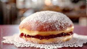 Baking demonstration donut sprinkled with powdered sugar on delicate lace doily with berry filling. Perfect for culinary presentations and design projects with minute details.