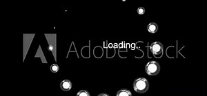 Circle Loading Icon. Animation seamless loop. Sphere transparent changing from small to large along circle line. Inside there "Loading" in white color on black background.