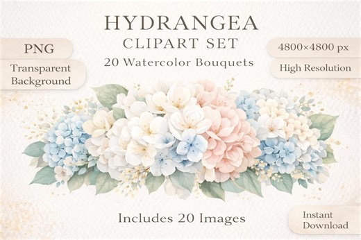 Hydrangea Clipart Set, Watercolor Bouquets, White Blue Pink (digital Download) - Etsy