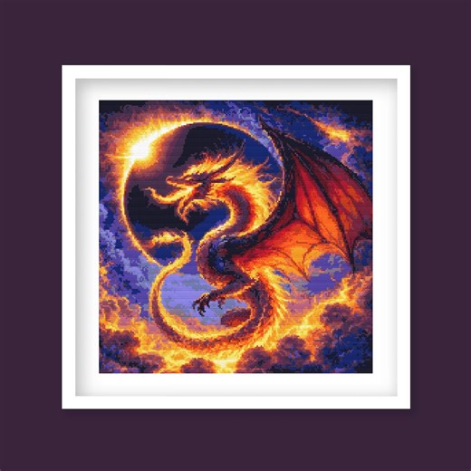 Dragon Cross Stitch Pattern, Firey Dragon Solar Eclipse Embroidery. (digital Download) - Etsy UK